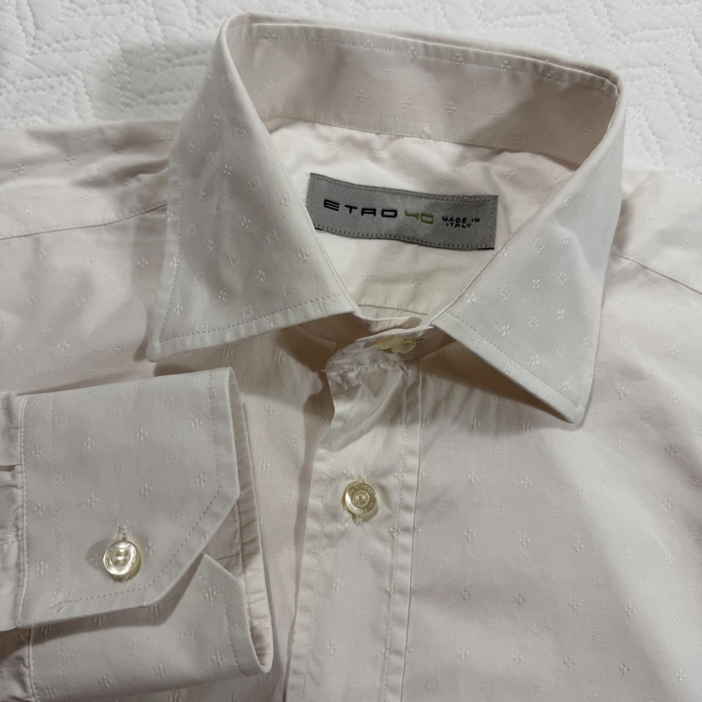 ETRO Men L Dress Shirt White Geometric Pattern Button Front Made in Italy Cotton